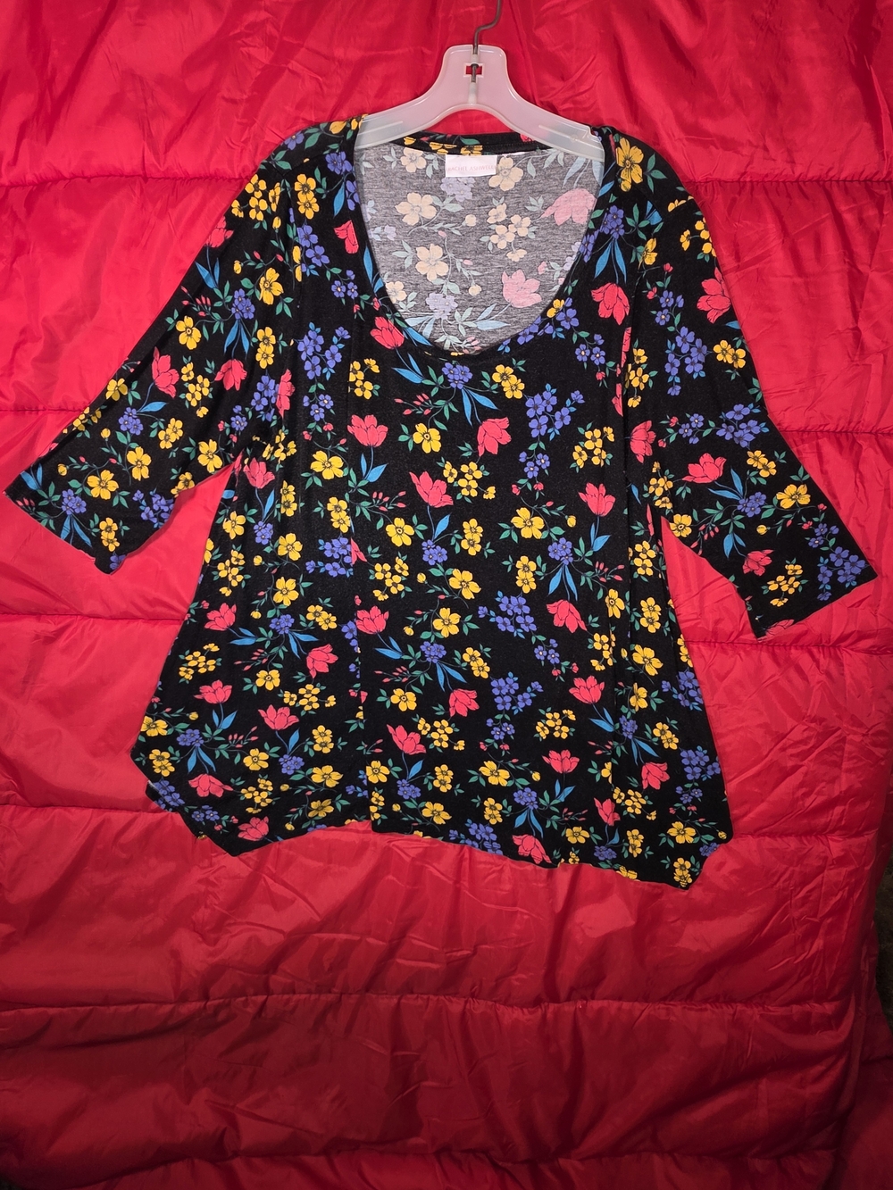 Black Floral Scoop Neck Tunic Top with Pink & Yellow Blooms